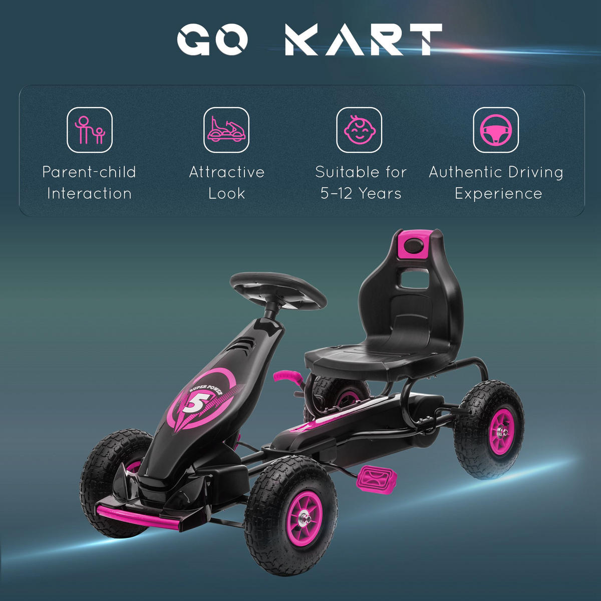 KINDER-GOKART, mit Pedalen, verstellbarem Sitz, ab 5 Jahren - Schwarz/Rosa, Kunststoff/Metall (121/58/61cm) - HOMCOM