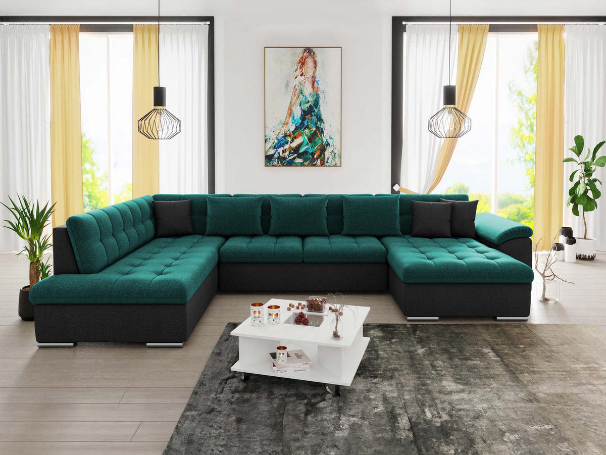 WOHNLANDSCHAFT Niko Bis, Seite: Rechts - Türkis, Holz/Textil (348/76/205cm) - MIRJAN24