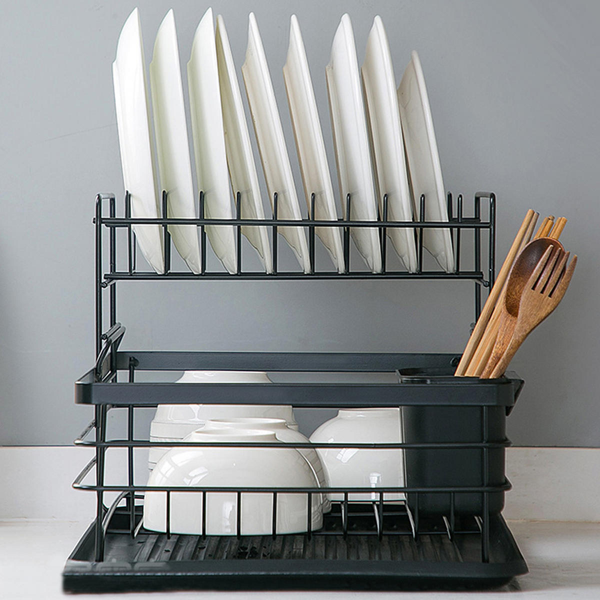 GESCHIRRABTROPFKORB 2-Stufig Abtropfschale Metall Schwarz - Schwarz, Kunststoff/Metall (43/27/32cm) - Livingandhome