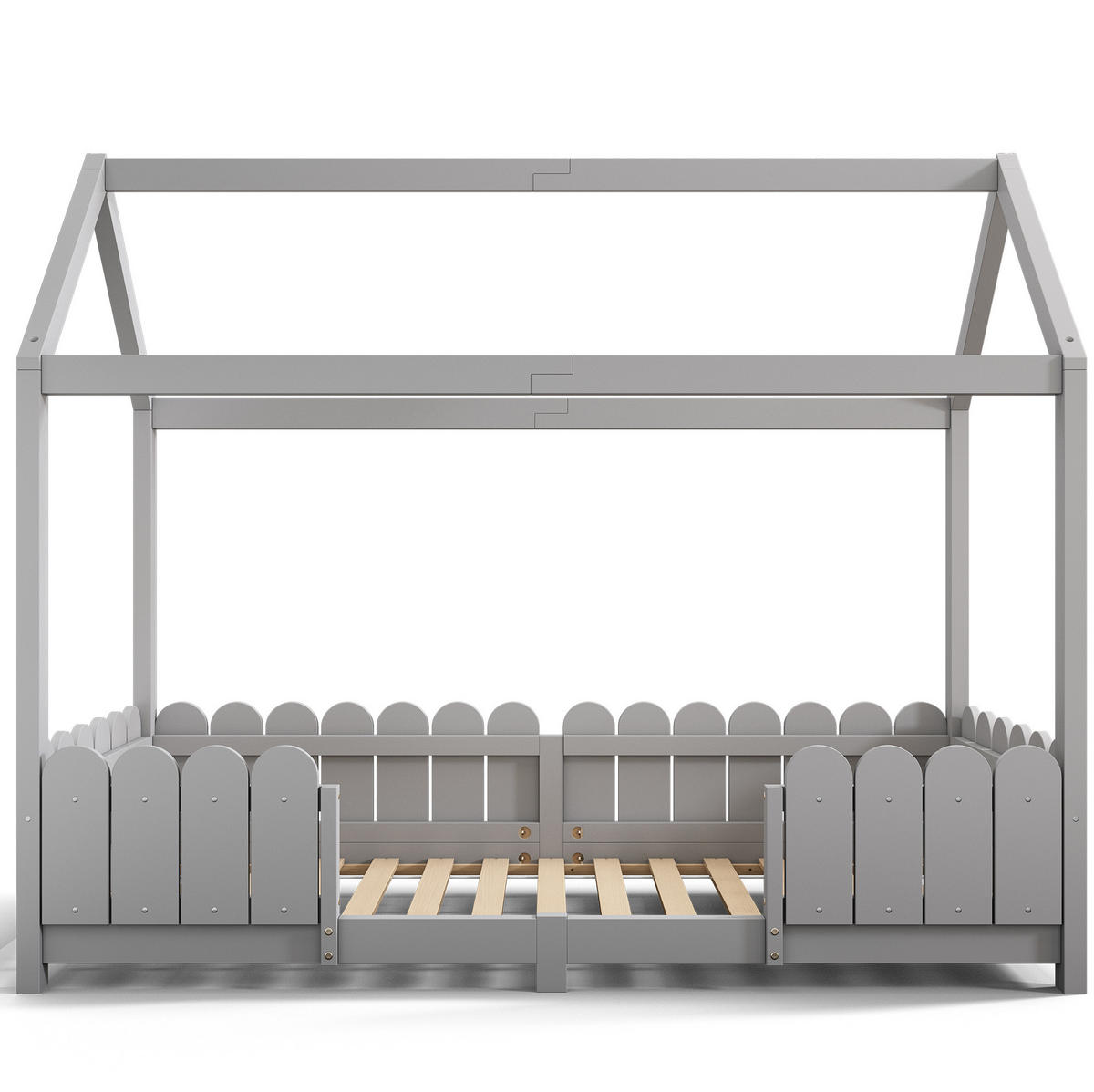 KINDERHAUSBETT 90/200 cm Grau aus Massivholz und MDF mit Rausfallschutz und Lattenrost - Grau, Holz (90/200cm) - OKMYHOME
