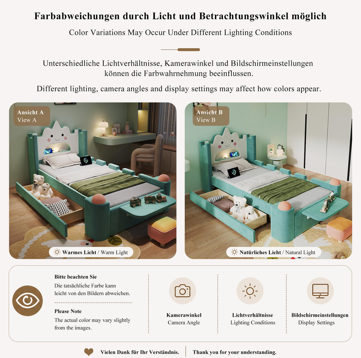 KINDERPOLSTERBETT 90x200 cm in Blaugrün mit LED-Leselampe, USB und Schublade - Blau, Textil (90/200cm) - IVMEU