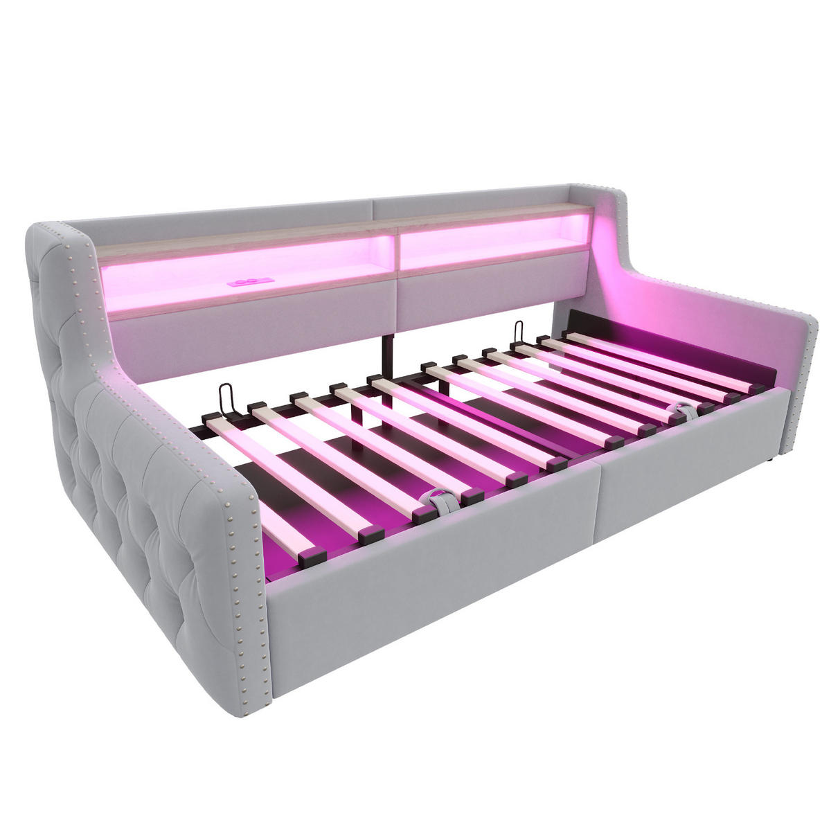 SCHLAFSOFA 90/200 cm hellgrau aus Samt mit LED, Stauraum und USB - Hellgrau, Textil (90/200cm) - OKWISH