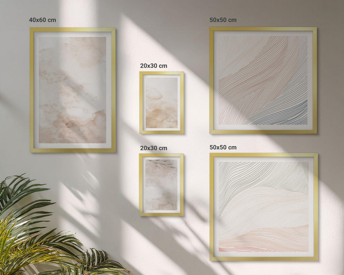 BILDER SET 5er Set - 50x50 cm & 20x30 cm & 40x60 cm Goldrahmen - Aquarellblätter in Pastellfarben - Goldfarben, Kunststoff (40/60cm) - TULUP