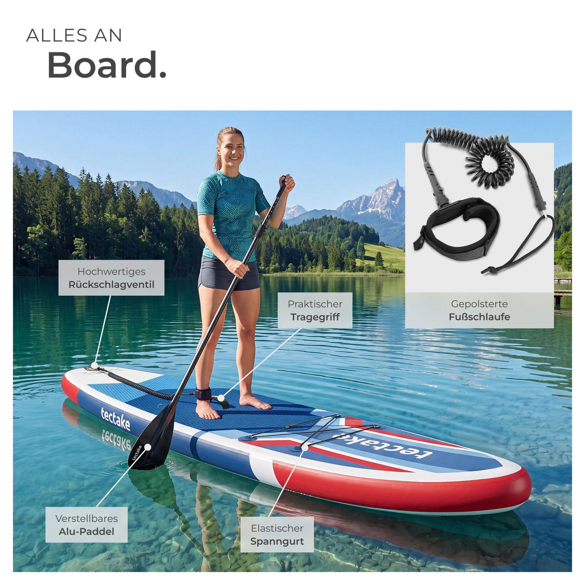 STAND UP PADDLE BOARD Poseidon, Belastbarkeit 200 kg, inklusive Kajak-Sitz, rot/blau - Rot, Kunststoff (320/84/0.4cm) - tectake