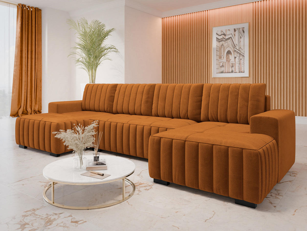 WOHNLANDSCHAFT Hugo U - Braun/Orange, Holz/Textil (310/85/140cm) - MIRJAN24