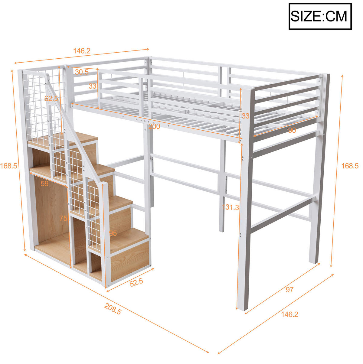 HOCHBETT 90/200 cm, Weiß mit Stauraum und Treppe - Weiß, Metall (90/200cm) - MIVRAY