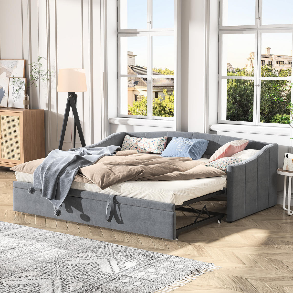 TAGESBETT 90x200cm/180x200cm Ausziehbett, Grau, Erweiterbares Schlafsofa, Samt - Grau, Textil/Metall (180/200cm)