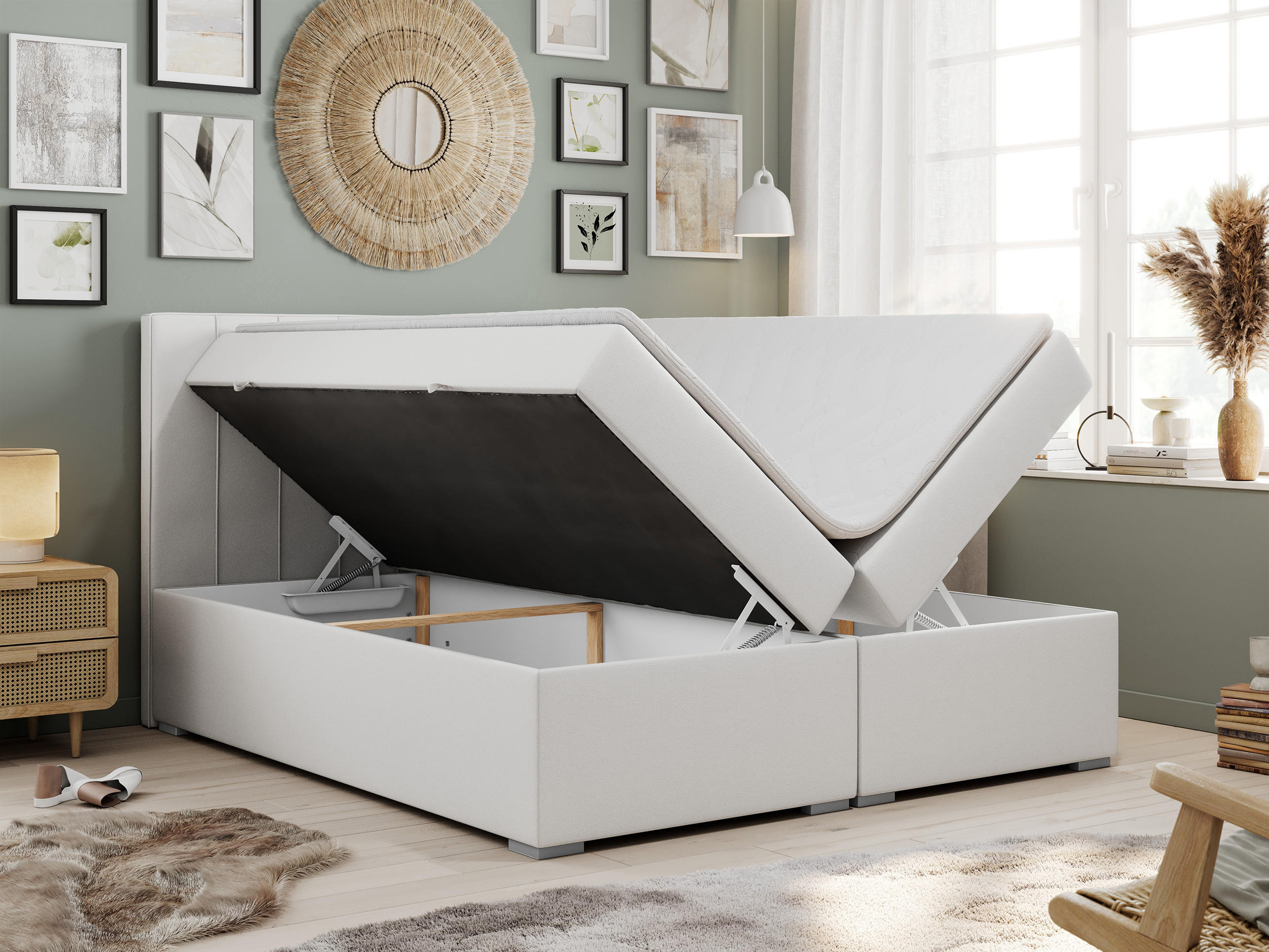 Thumbnail - MKS Boxbett, Weiß, Textil, 2-Sitzer, H4, Rechteckig, 200x200 cm, Schlafzimmer, Betten, Boxspringbetten
