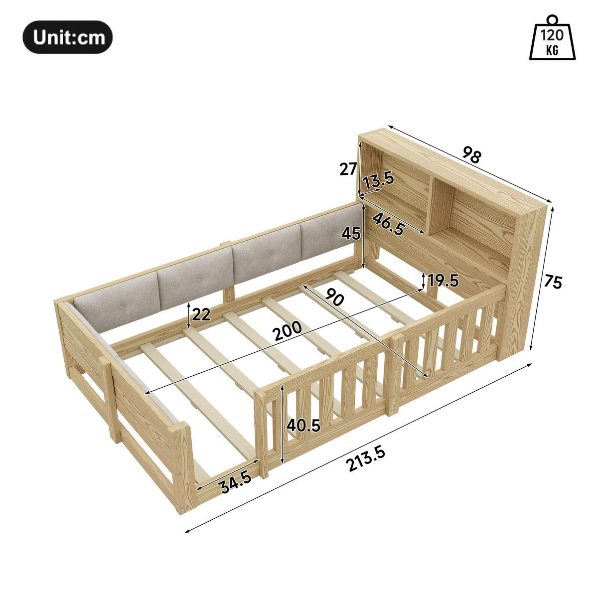 FLACHBETT 90x200cm Gitter Kinderbett LED Natur - Naturfarben, Holzwerkstoff (90/200cm) - FLIEKS