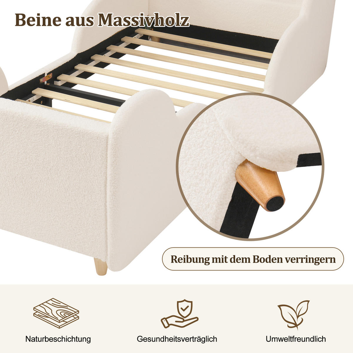 KINDERBETT mit Seitengittern 90x200 cm Bouclé Beige - Weiß, Holz (90/200cm) - Meubliv