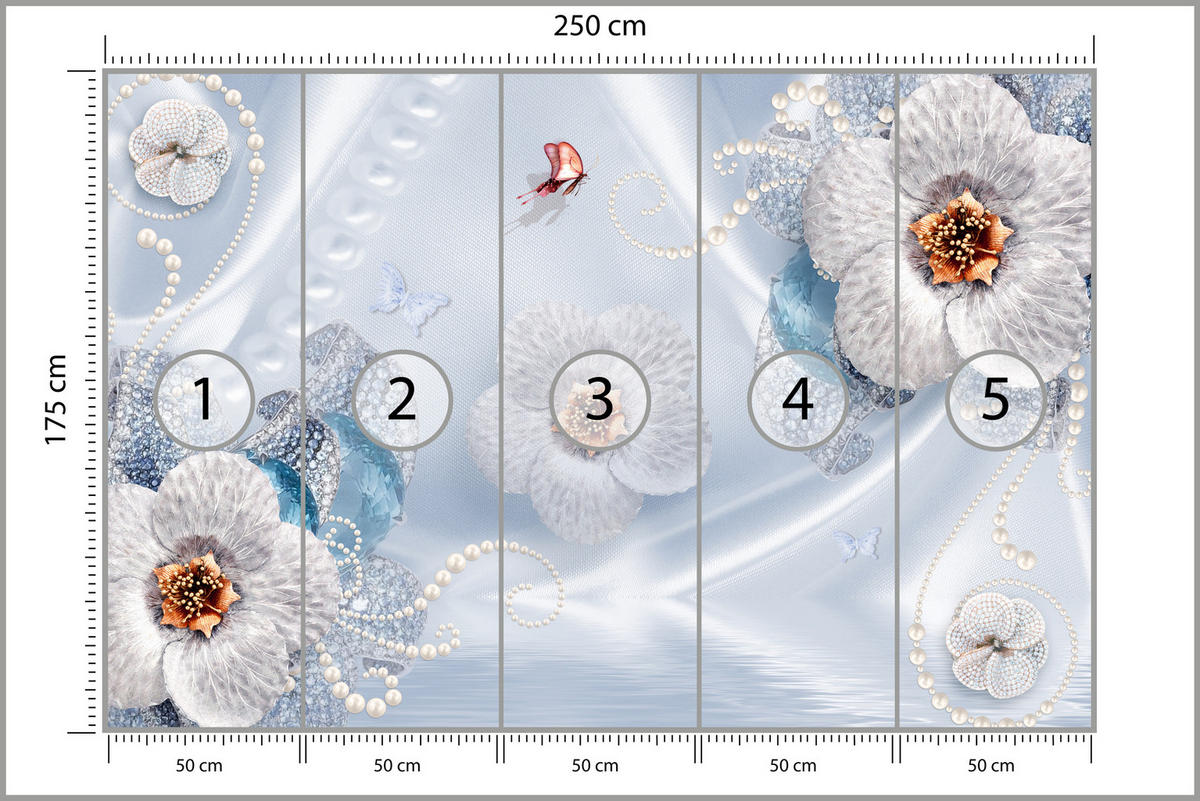 FOTOTAPETE für Schlafzimmer Blumen Perlen Schmetterlinge Blau 250x175 - Blau/Gelb, Papier (250/175cm) - Muralo