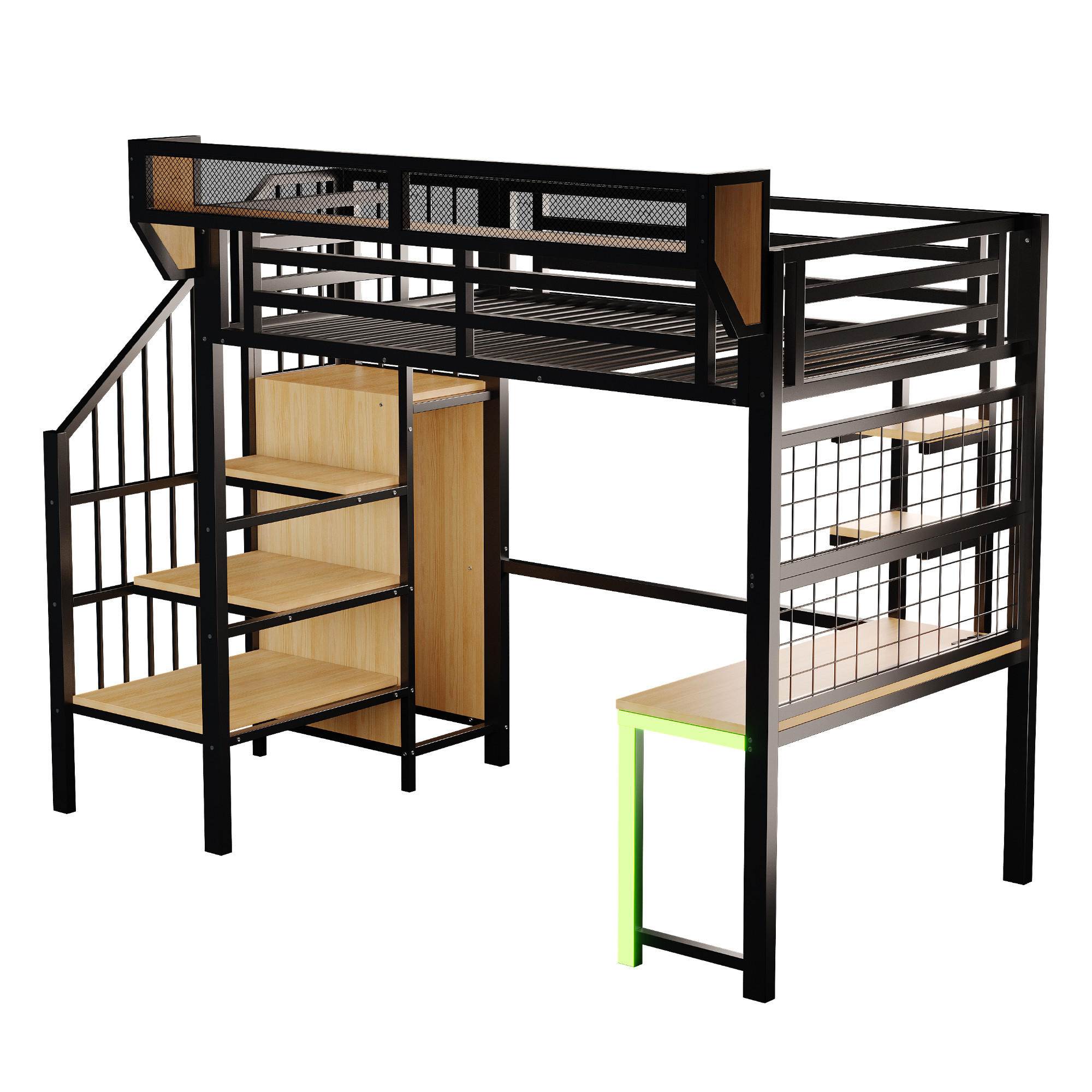 HOCHBETT 90/200 cm DE-01537, in Schwarz, mit Schreibtisch, LED-Beleuchtung und Steckdose - Schwarz, Metall (90/200cm) - ComfortXL