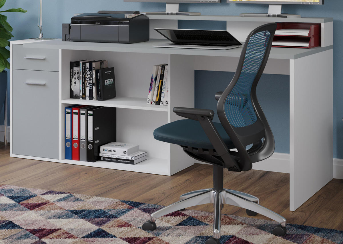 SCHREIBTISCH grau, weiß 160 - 200 x 92 cm, Eckschreibtisch mit Stauraum - Silberfarben/Weiß, Holzwerkstoff/Kunststoff (115/160/92cm) - Top.Furn