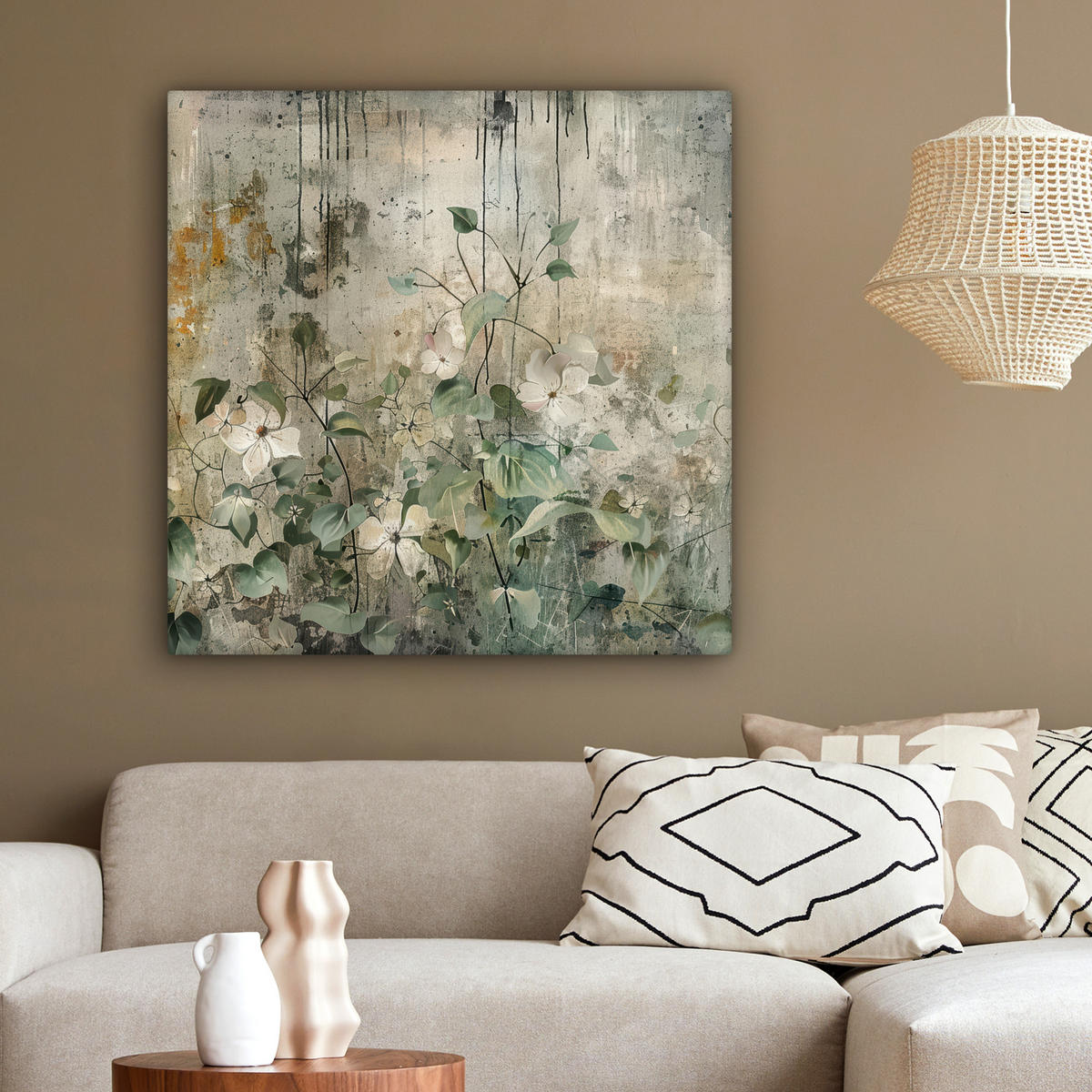 LEINWANDBILD - Blumen - Blätter - Abstrakt - Modern - 90x90 - Gemälde - Grau, Textil (90/90cm) - MuchoWow