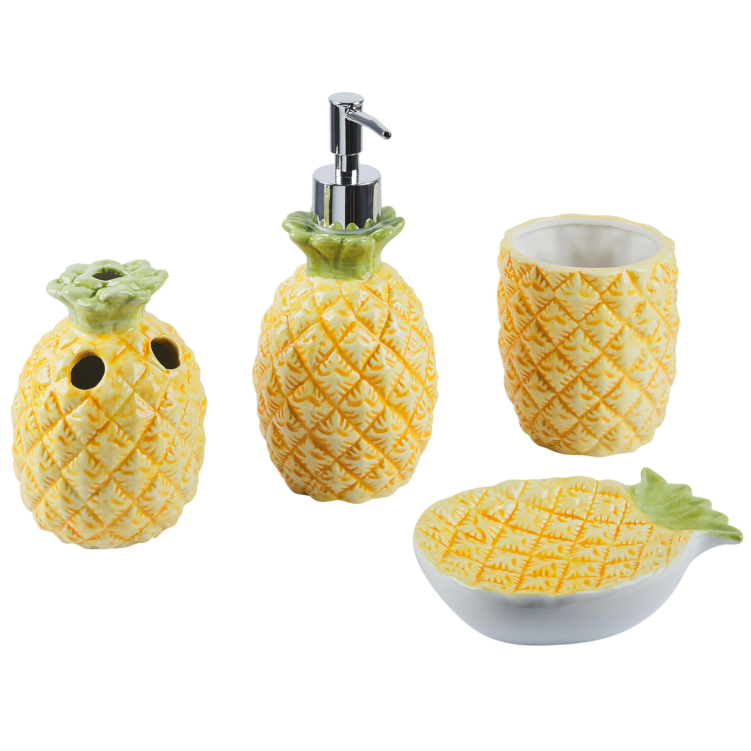 BADEZIMMER Set 4-teilig Keramik Ananasmotiv gelb Maicao - Gelb/Grün, Stein (10/20/10cm) - Beliani