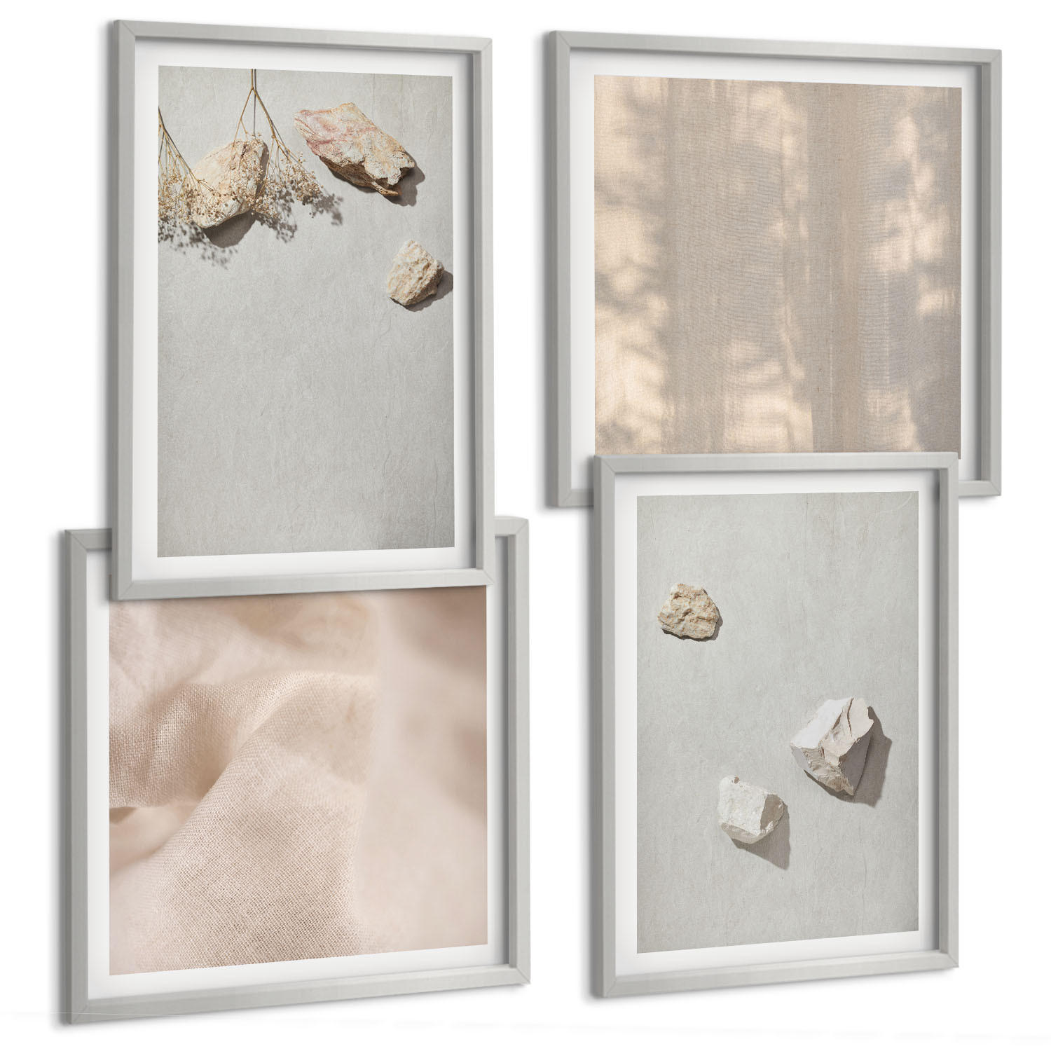 BILDER SET 4er Set - 50x50 cm & 40x60 cm Silberner Rahmen - Boho-Stranddekorationen aus Steinen - Silberfarben, Kunststoff (50/50cm) - TULUP