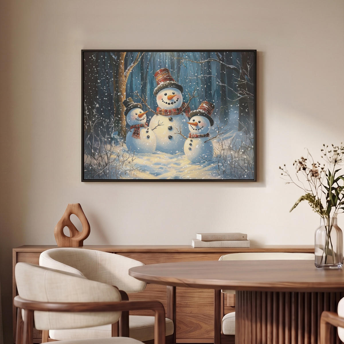LEINWAND Bilder mit Rahmen - Schneemann - Schnee - Winter - Wald - 70x50 - Hellblau, Textil (70/50cm) - MuchoWow