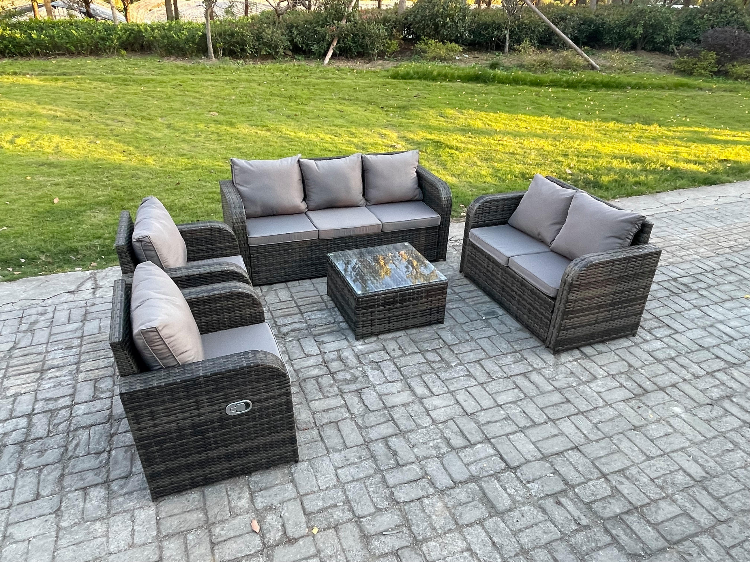 GARTENSOFA SET mit Couchtisch Polyrattan Dunkelgrau 5-teilige - Dunkelgrau/Grau, Glas/Kunststoff - Fimous