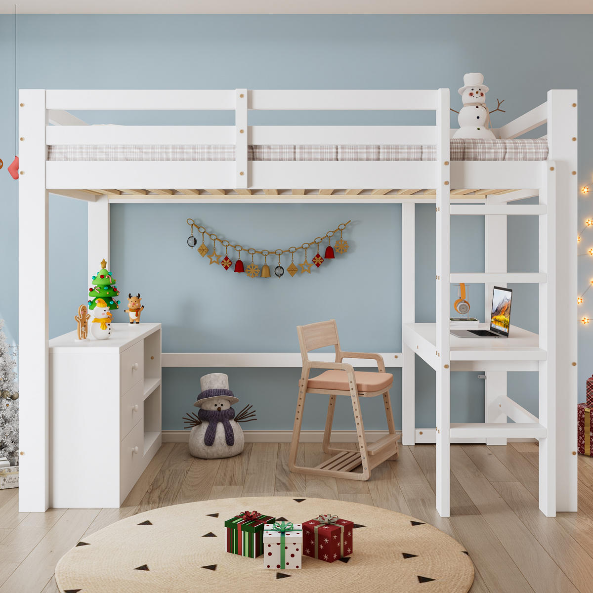 HOCHBETT mit Schreibtisch 90x200 cm Weiß mit Schrank und Regal - Weiß, Holz (90/200cm) - Meubliv
