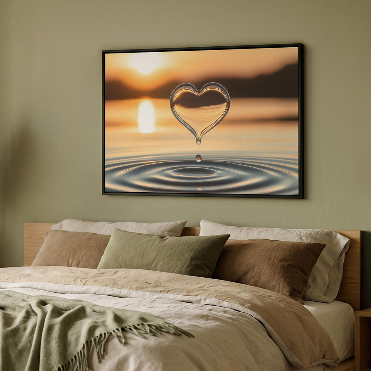 LEINWAND Bilder mit Rahmen - Herz - Wasser - Sonnenuntergang - Natur - Zen - 100x70 - Bernsteinfarben, Textil (100/70cm) - MuchoWow