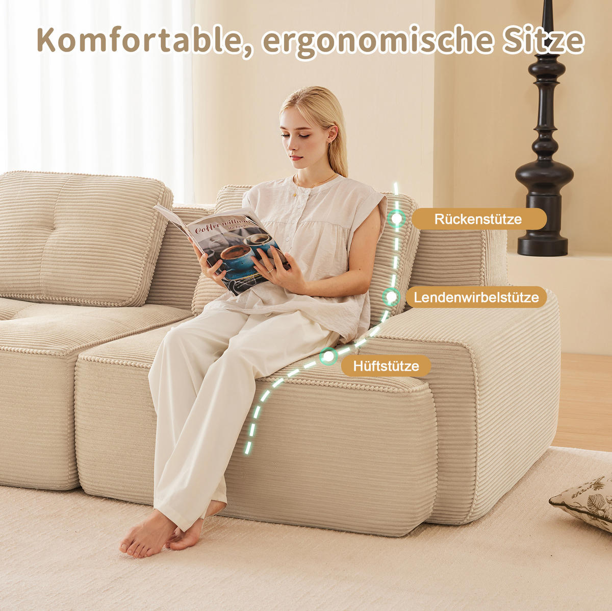 ECKSOFA aus Cord in Beige mit boneless Design - Beige, Textil (177/293cm) - Modfu