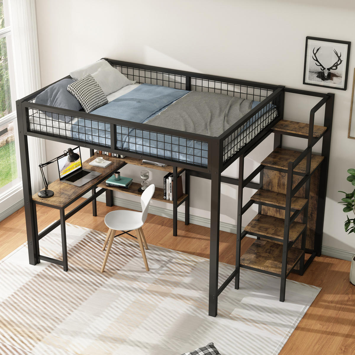 HOCHBETT 140/200 cm Schwarz mit Schreibtisch und Stauraum - Schwarz, Metall (140/200cm) - MIVRAY