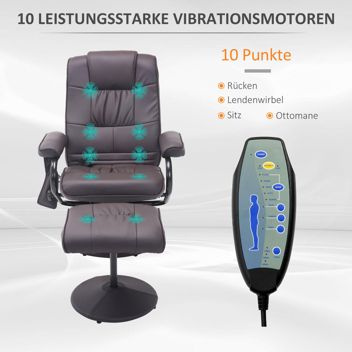 MASSAGESESSEL mit Hocker und 360°-Drehfunktion – mit Massagefunktion und verstellbarer Rückenlehne - Braun, Metall (77/95/84cm) - BEAOK