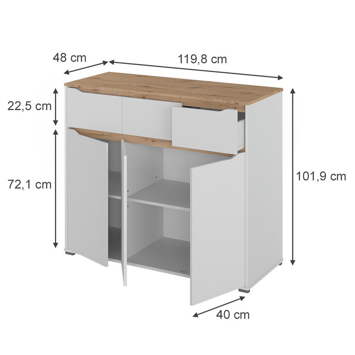 KOMMODE Ruben, Weiß/Artisan-Eiche, 119.8 x 101.9 cm - Weiß/Eiche Artisan, Holzwerkstoff (119.8/480/48cm) - Vicco