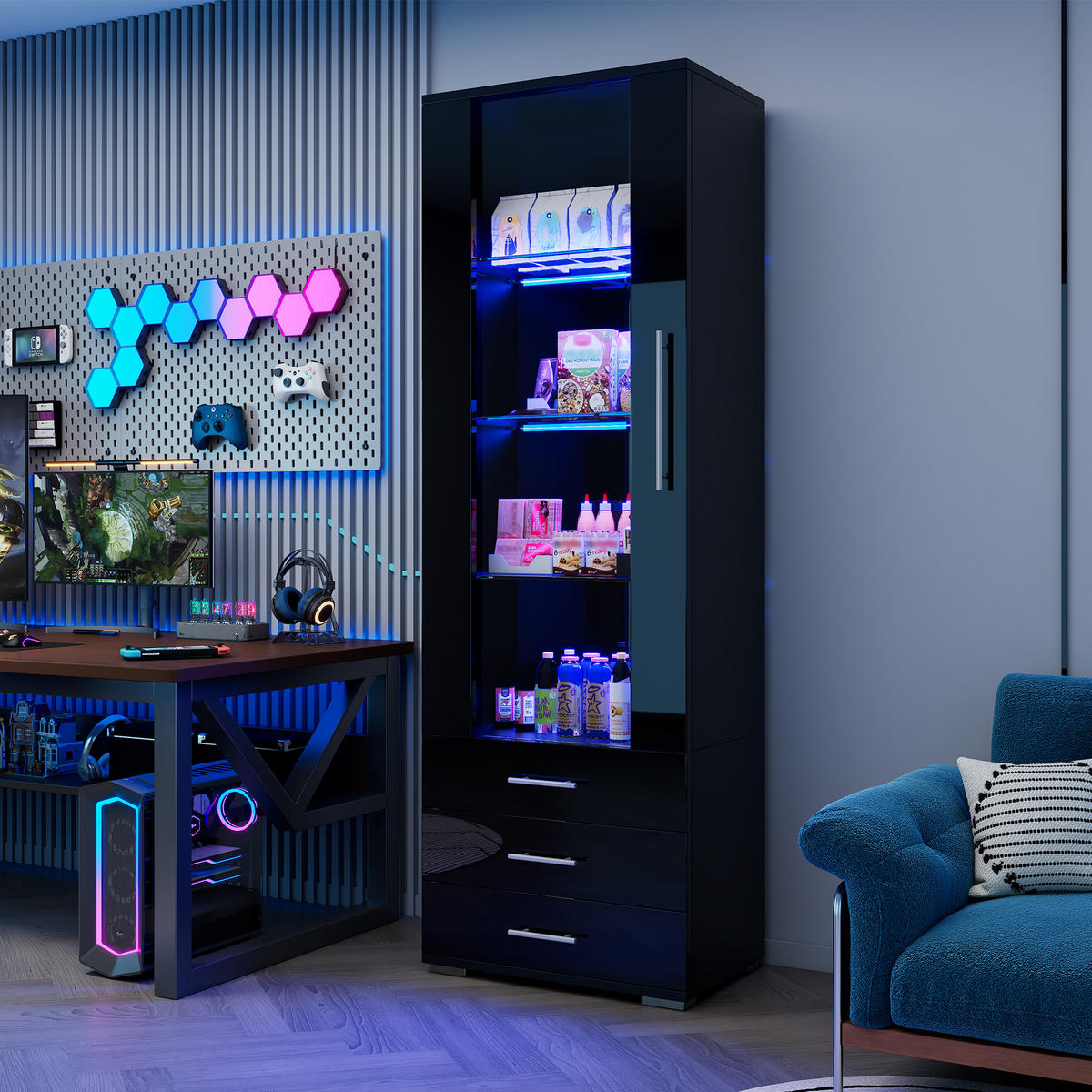 VITRINE, LED, 3 Schubladen, Hochglanz, Schwarz, 60x35x180cm - Schwarz, Holzwerkstoff (35/180/60cm) - FLIEKS