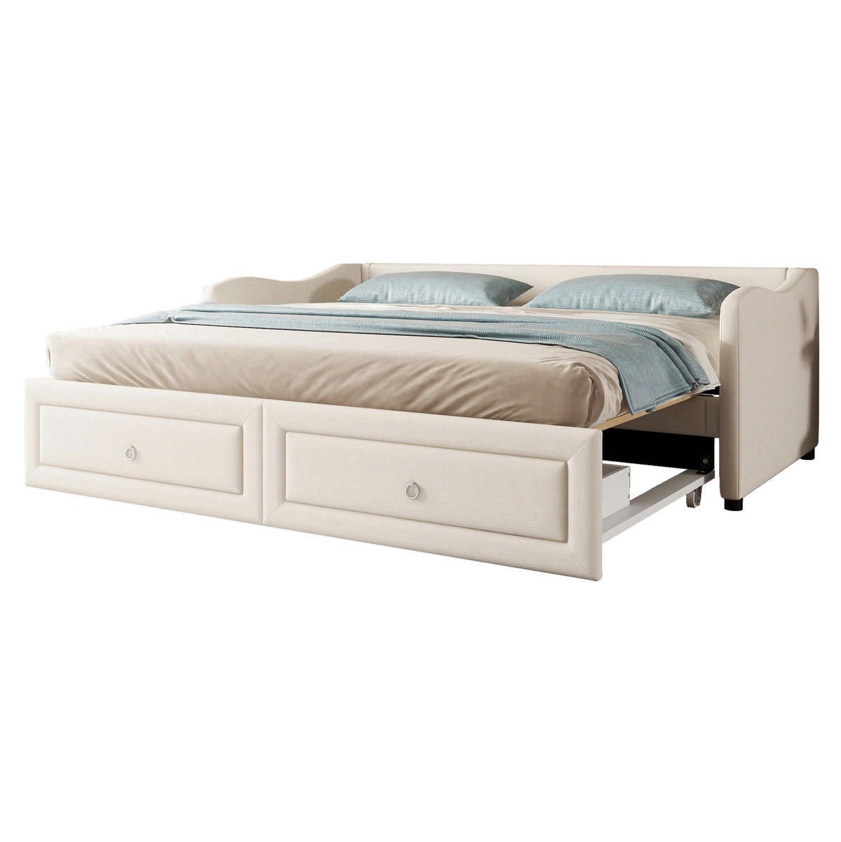 TAGESBETT 90/200 cm in Beige mit Ausziehbett und 2 Schubladen - Beige, Textil (90/200cm) - BEAOK
