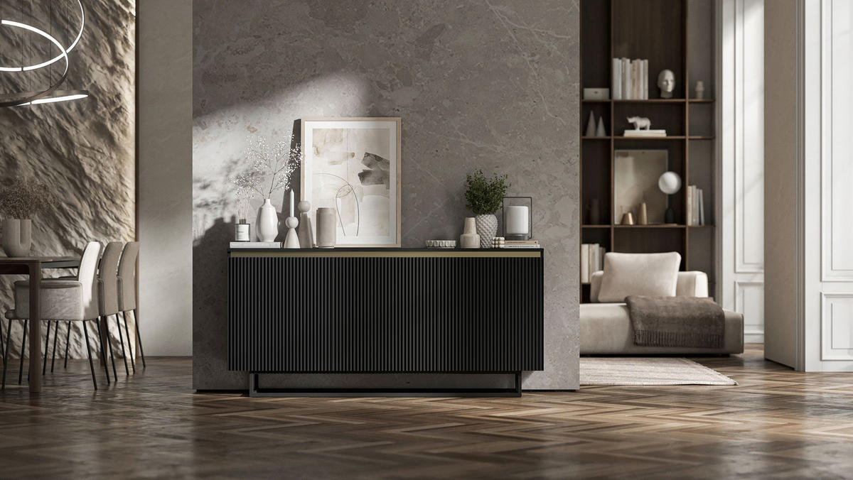 SIDEBOARD Selene 3D Schwarz Matt mit metallrahmen Glamour 167 cm - Schwarz, Holzwerkstoff/Metall (167/79/35cm) - Meble Lindner