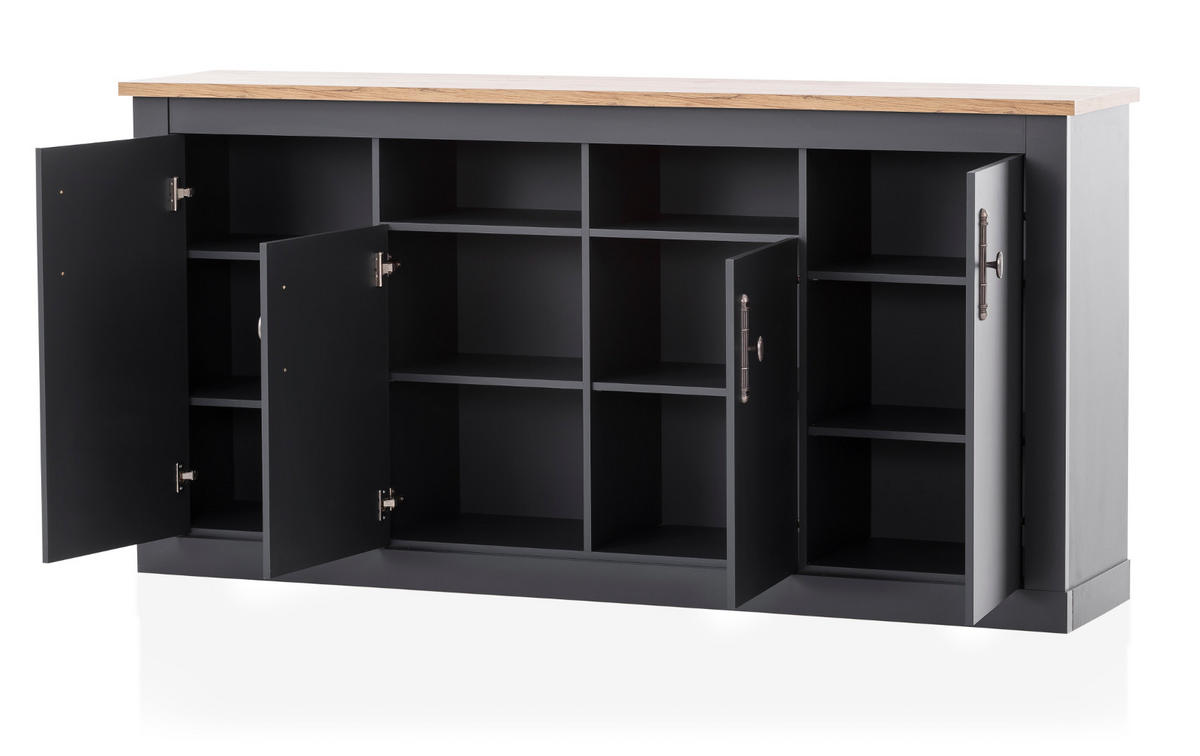 SIDEBOARD grau, Eiche Wotan, Landhaus 200 cm, Kommode mit Soft-Close - Silberfarben/Eiche Wotan, Holzwerkstoff/Kunststoff (200/104/45cm) - Furn.Design