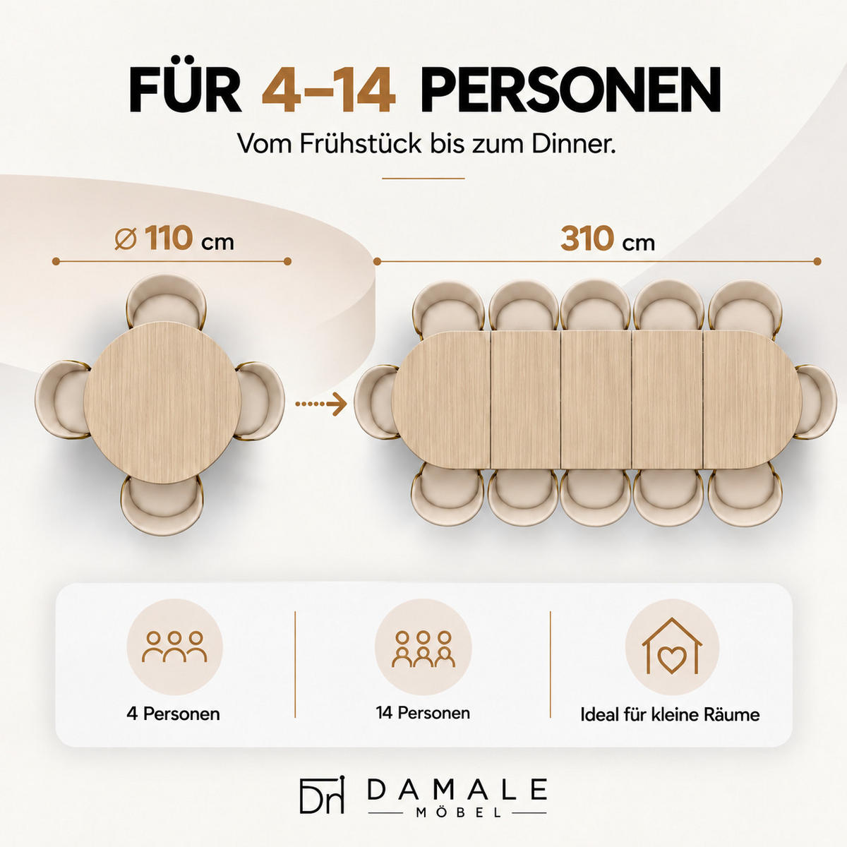 ESSTISCH rund ausziehbar 110/310/76 cm, Braun Hikora Egger, 54 cm Tischplatte + X Metallbeine Weiß - Weiß/Braun, Holzwerkstoff/Metall (110/310/76cm) - Damale Möbel