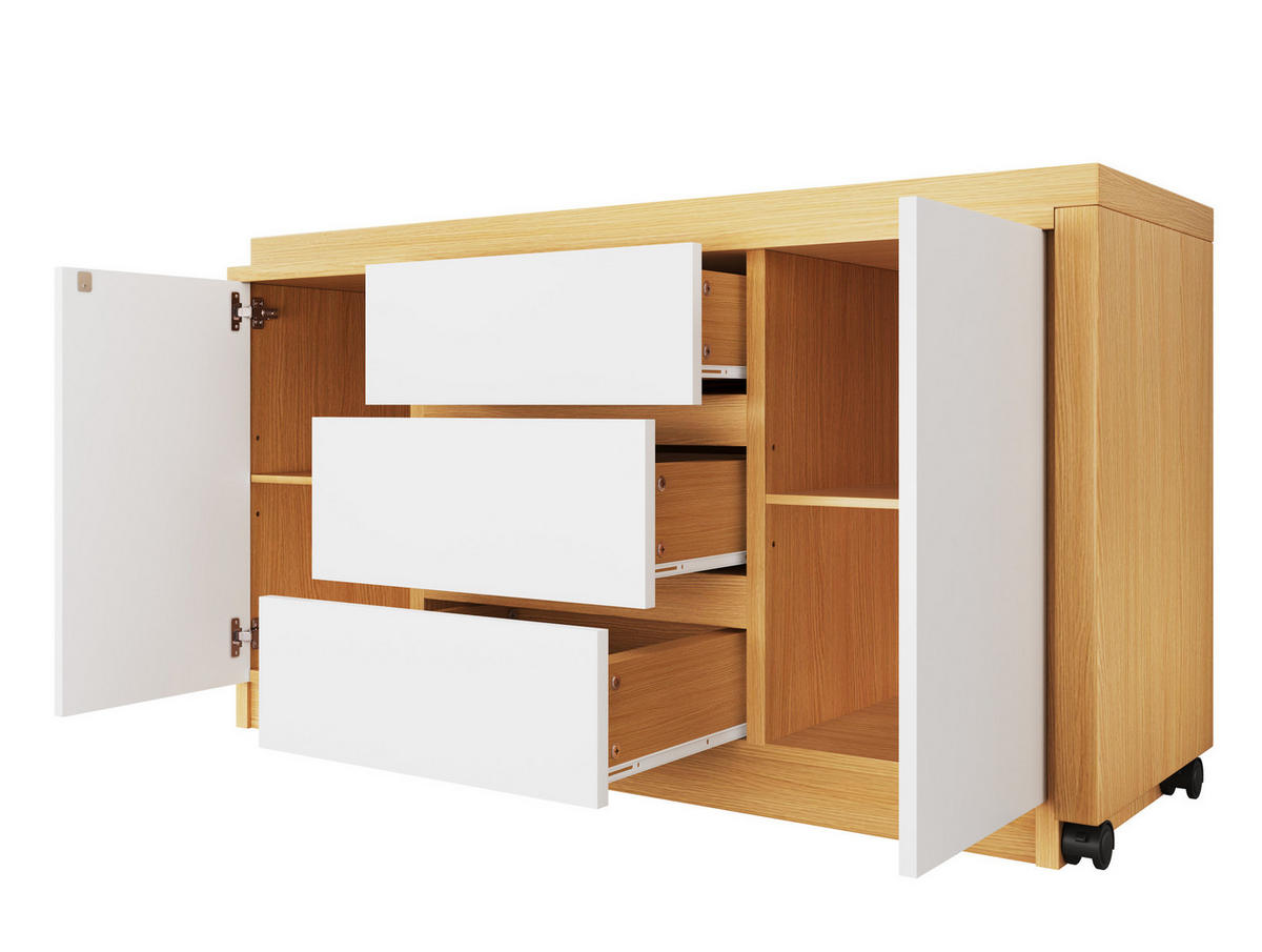 PSACÍ stůl z dřevotřísky 120x50x76,5 cm bílá/dub s otočnou deskou 360°, uzamykatelnými kolečky a úložným prostorem - bílá, kompozitní dřevo (120/76.5/50cm) - Modfu