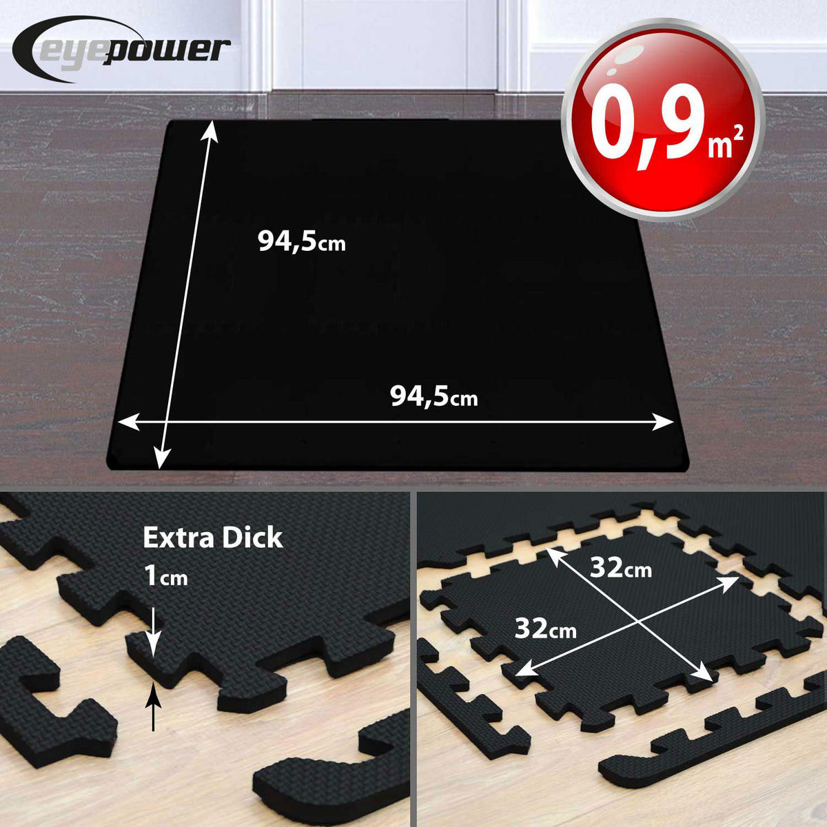 BODENSCHUTZMATTE 30x30x1 cm, Schwarz, 9er Set - Schwarz, Kunststoff (30/30cm) - eyepower