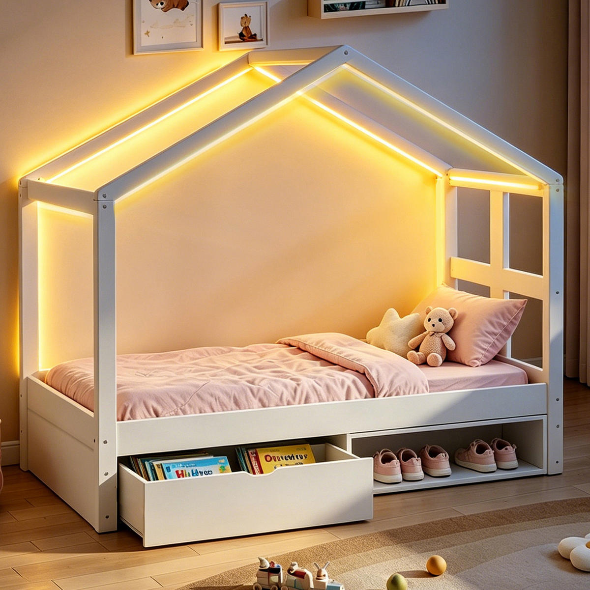 MULTIFUNKTIONSBETT Hausbett 90/190 cm, Weiß mit Schubladen, Schuhschrank und LED - Weiß, Holz (90/190cm) - MIVRAY