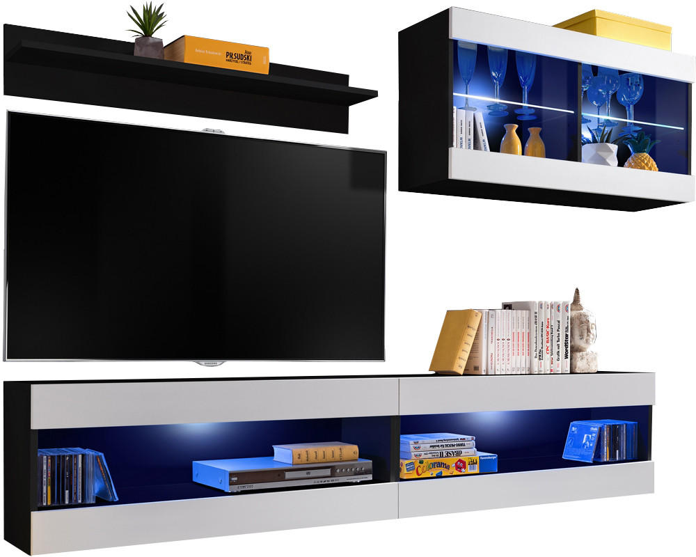 WOHNWAND TIVOLI SET6-BLACK/WHITE+BLU Offener Raum Schwarz Weiß - Schwarz/Weiß, Glas/Holzwerkstoff (200/195/35cm) - Komodee