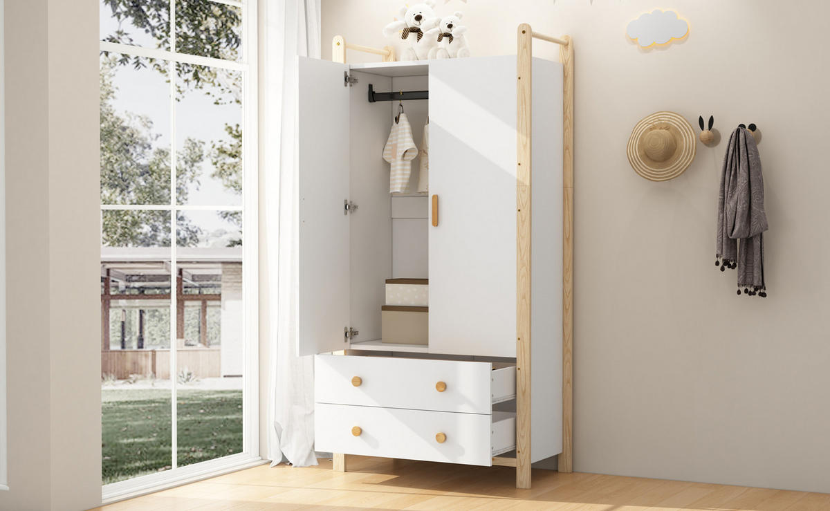 KLEIDERSCHRANK aus Spanplatte & Kiefer, Kleiderstange & 2 Schubladen, 89,6/44/180,5 cm, Weiß/Natur - Weiß, Holzwerkstoff (89.6/180.5/44cm) - Redom