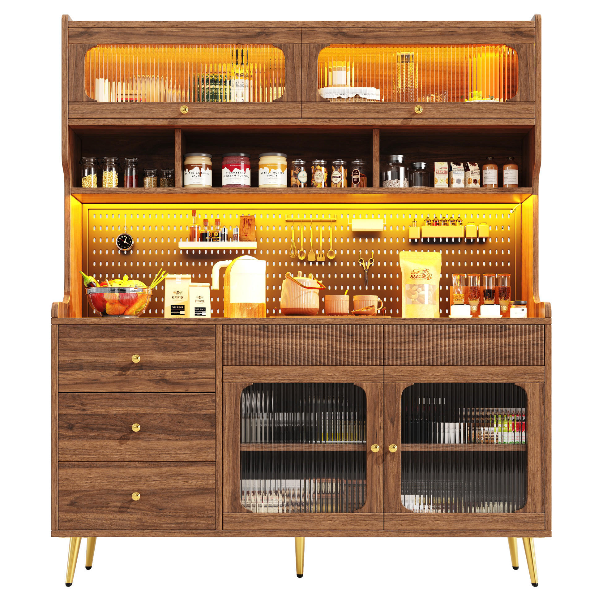 BUFFETSCHRANK 145/39/171 cm aus MDF und Glas mit Lift-up-Tür, RGB-LED-Beleuchtung, App-Steuerung und Lochwand, Walnuss - Walnussfarben, Holzwerkstoff (145/171/39cm) - Redom