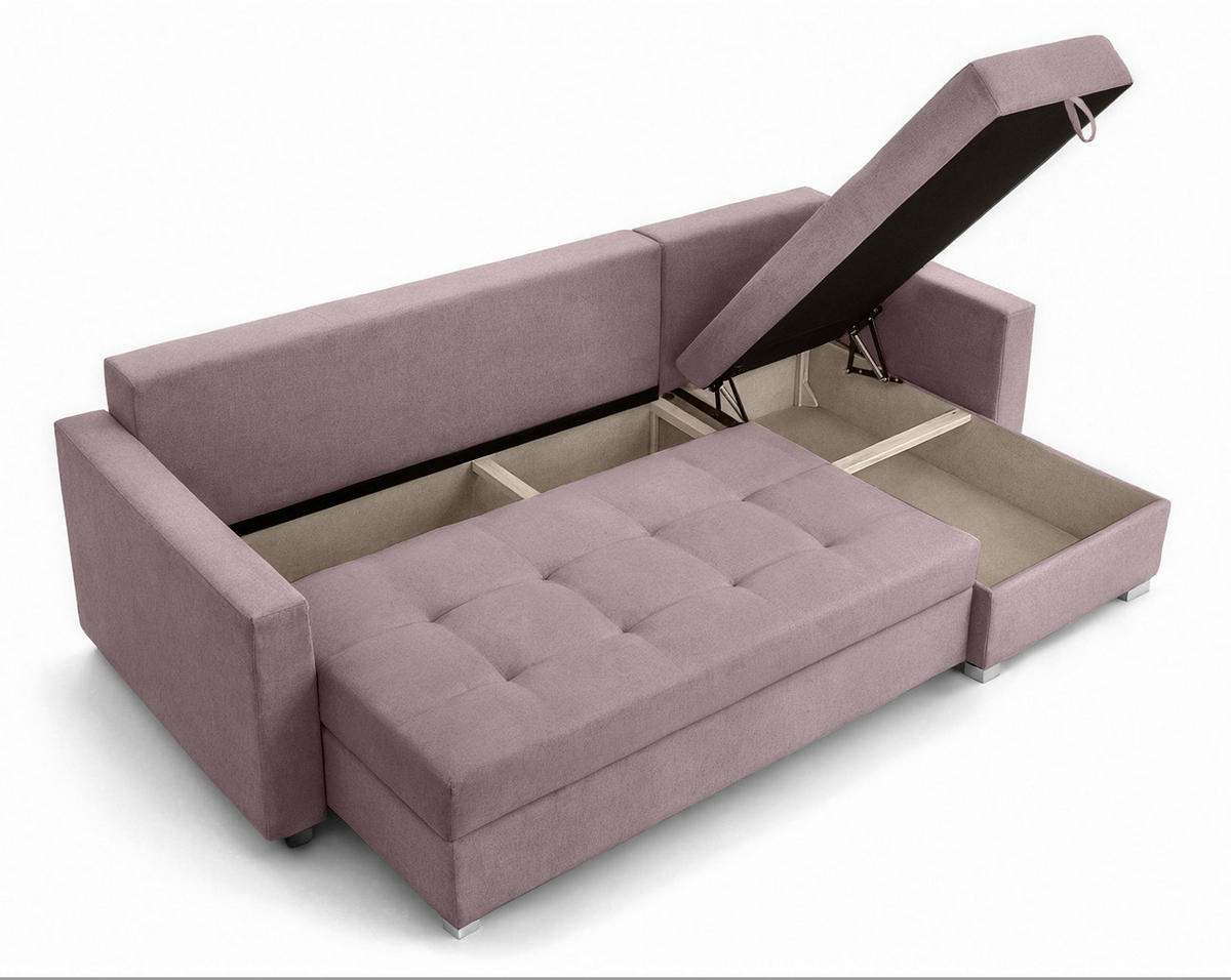 ECKSOFA Universelle L Form Elif Rosa 220/140/85 cm stilvolle mit Schlaffunktion - Silberfarben/Rosa, Kunststoff/Textil (220/140cm) - AX Living