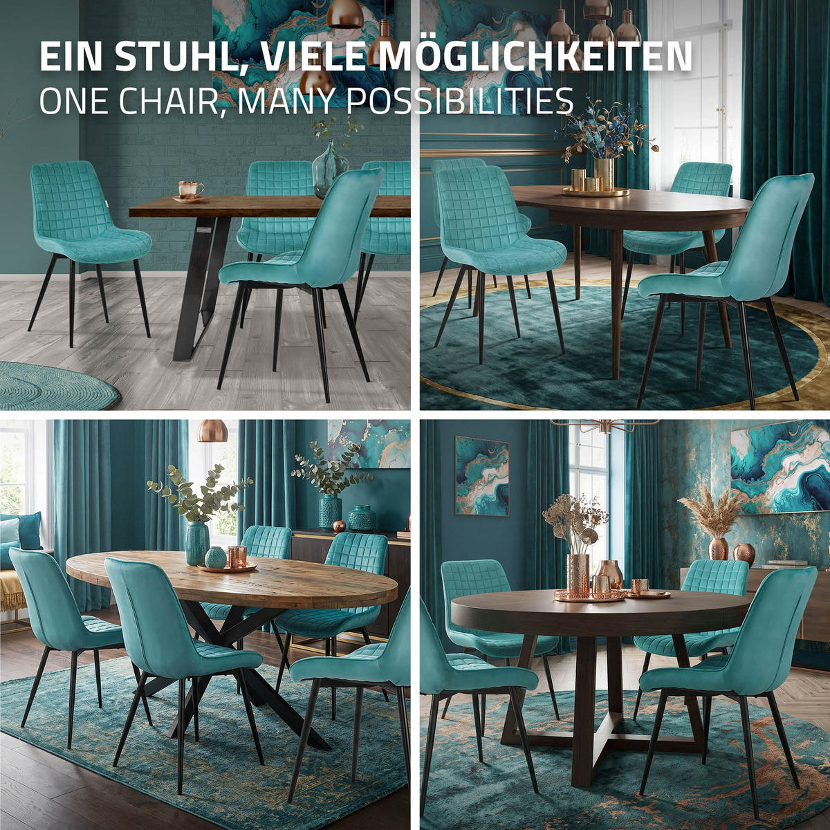 ESSZIMMERSTÜHLE 2ER-SET Petrol Samt - Petrol/Schwarz, Textil/Metall (52/89/60cm) - ML-DESIGN