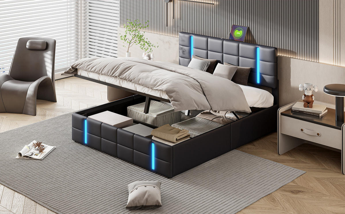 POLSTERBETT 140x200 cm Schwarz PU Leder LED USB Bettkasten - Schwarz, Holz (140/200cm) - SHOPENTRA