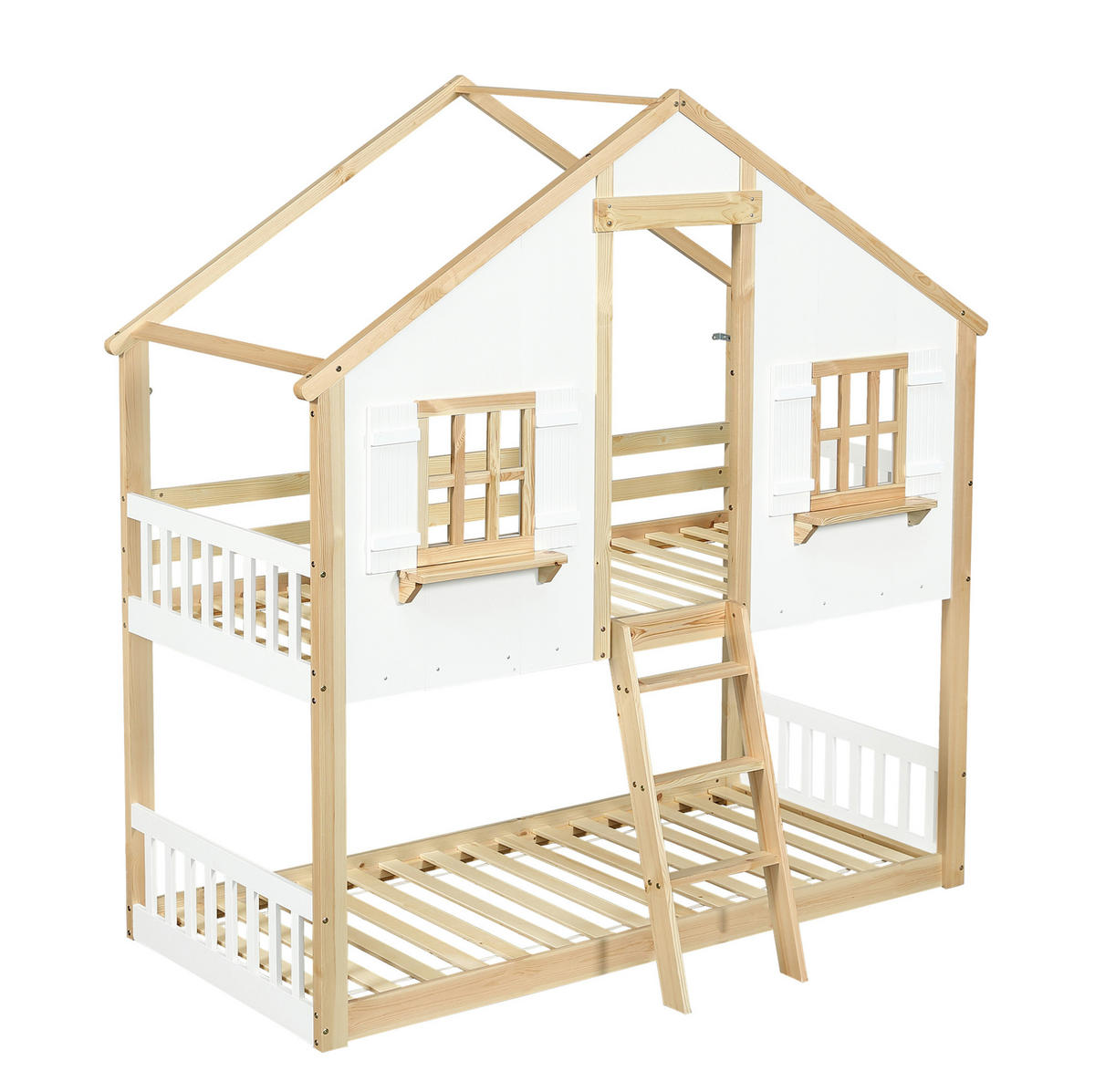ETAGENBETT mit Fenster und Dach, Weiß/Natur, 90/200 cm, ohne Matratze - Weiß, Holz (90/200cm) - MIVRAY