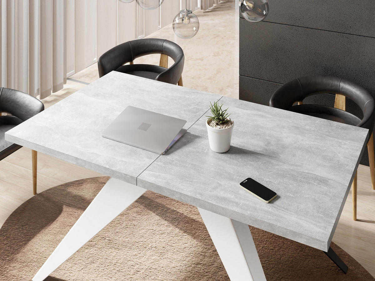 ESSTISCH Vance Weiß rechteckig ausziehbar, Grauer Beton 160-260/90/76 cm - Hellgrau/Weiß, Holzwerkstoff/Metall (160/90/76cm) - WFL GROUP