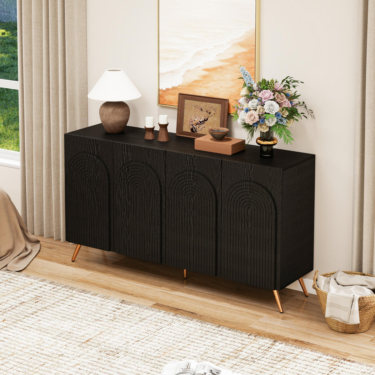 SIDEBOARD 150/38/83 cm schwarz aus Holzwerkstoff mit verstellbaren Einlegeböden - Schwarz, Holzwerkstoff (150/83/38cm) - OKWISH
