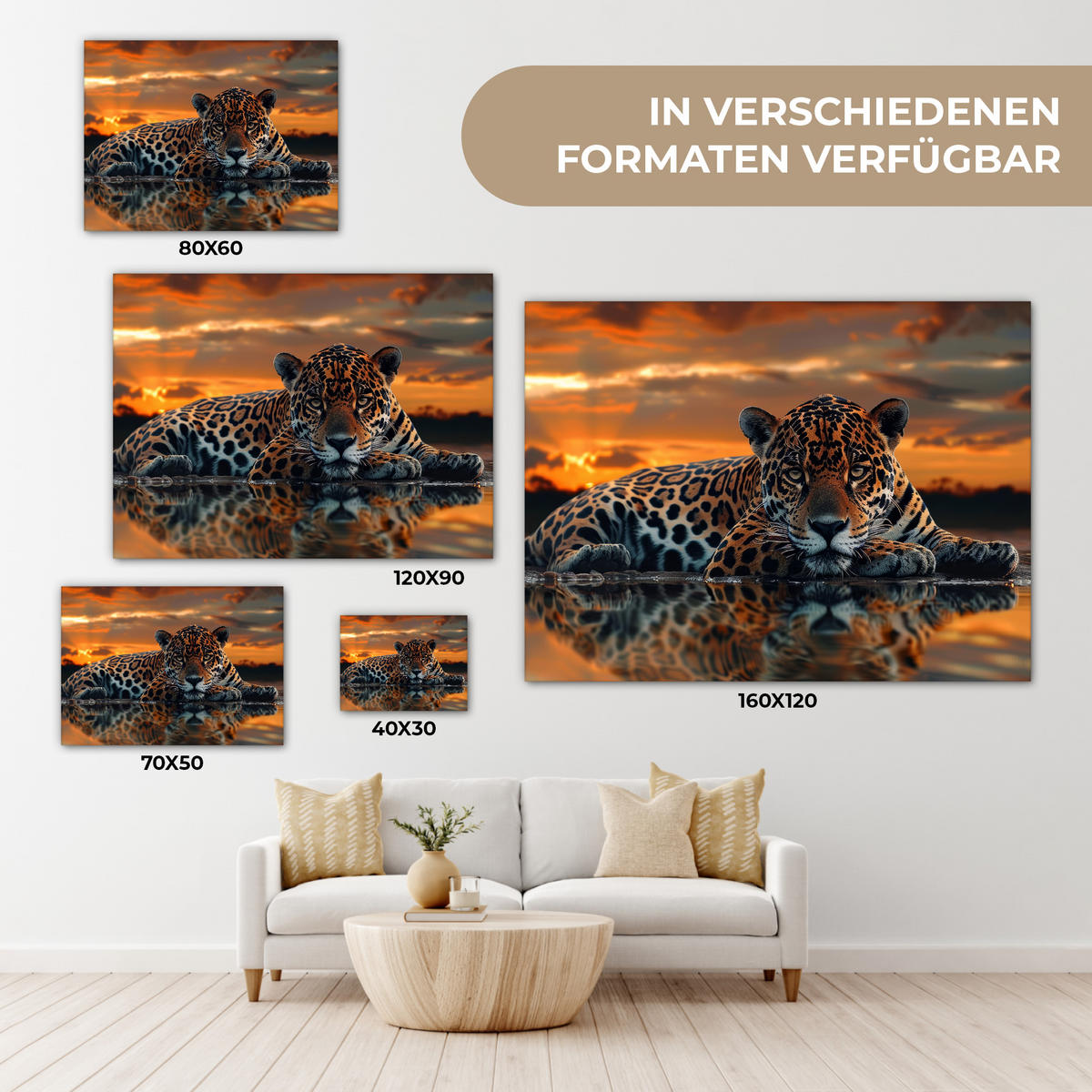 LEINWANDBILD Natur - Leopard - Tier - Sonnenuntergang - Modern Wandbilder 80x60 cm - Orange, Textil (80/60cm) - MuchoWow