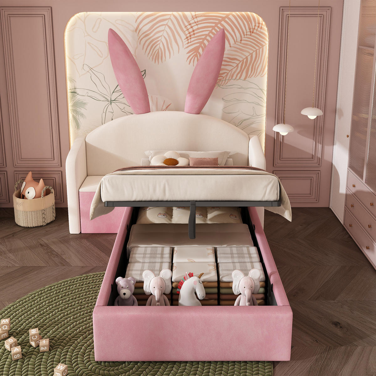 JUGENDBETT 90/200 cm in Beige & Rosa Samt mit Bettkasten und Nachttisch - Beige/Rosa, Holzwerkstoff/Textil (90/200cm) - WISHDOR