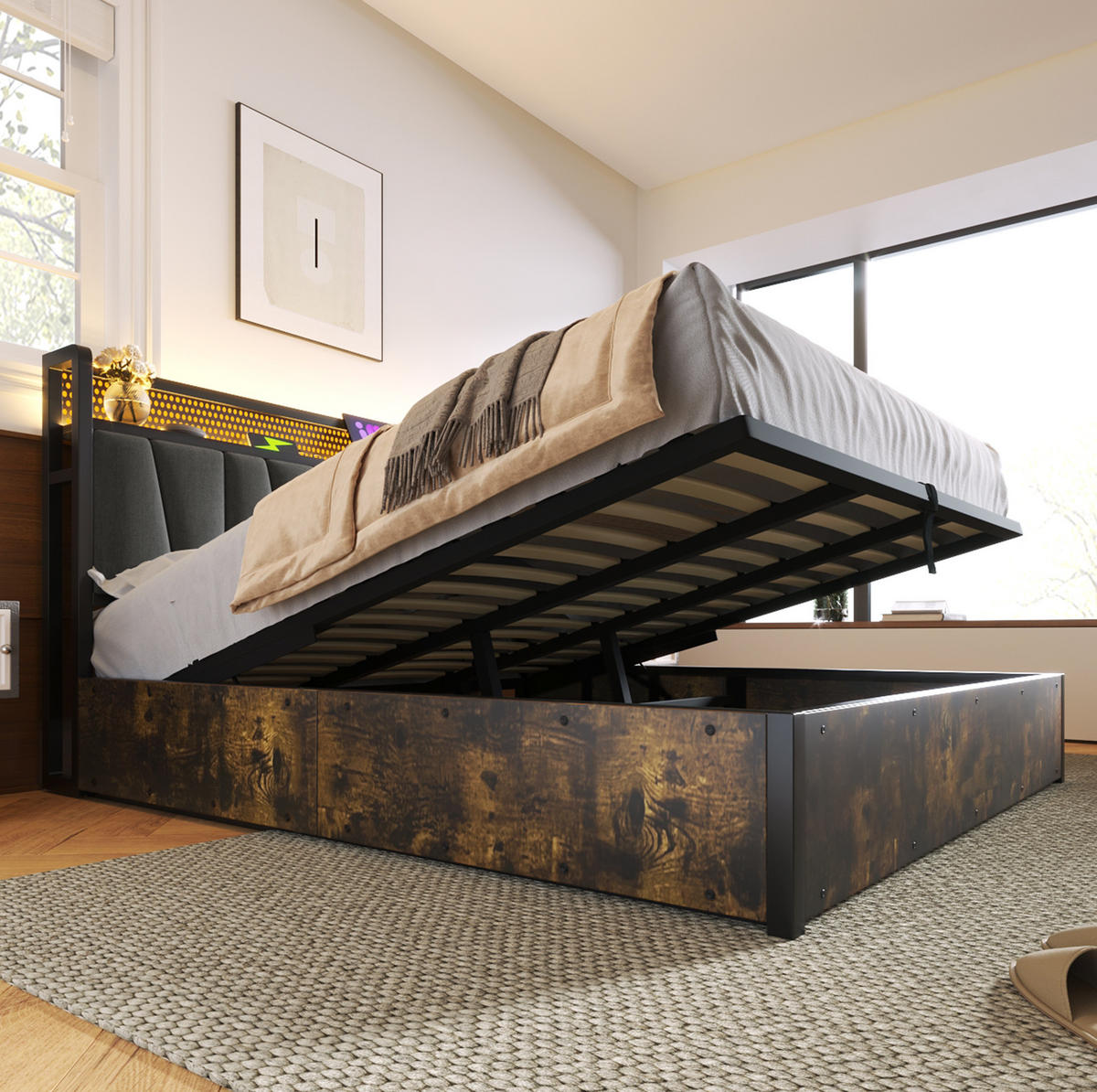 POLSTERBETT aus Leinen 180x200 cm in Grau mit LED & USB-Steckdosen - Grau, Textil (180/200cm) - Modfu