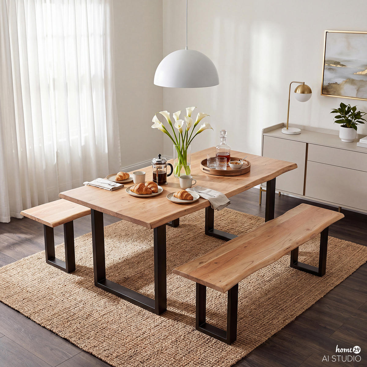 SITZBANK - Metall / Massivholz Akazie - Schwarz/Akaziefarben, Holz/Metall (140/45/45cm) - home24