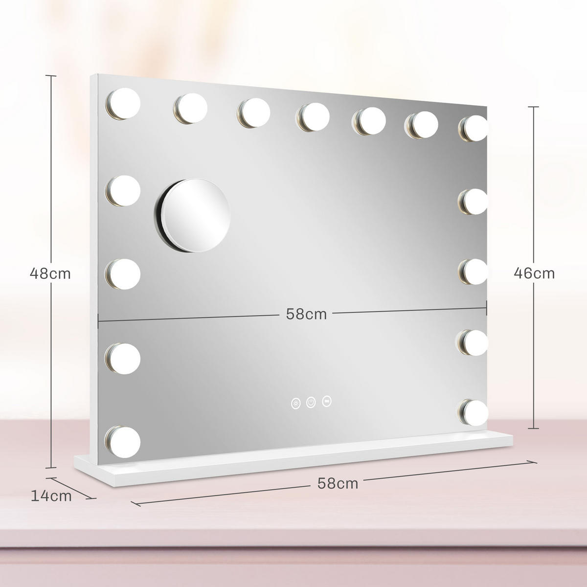 HOLLYWOOD Spiegel mit Beleuchtung, Dimmbar Schminkspiegel mit 15 LED Licht - Weiß, Glas (14/48/58cm) - HOMCOM